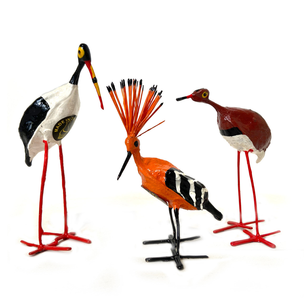 stork, hoopoe and crowned plover birds made out of upcycled seedpods