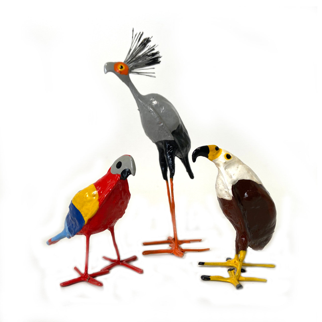 macaw, secretary bird and fish eagle birds made out of seedpods