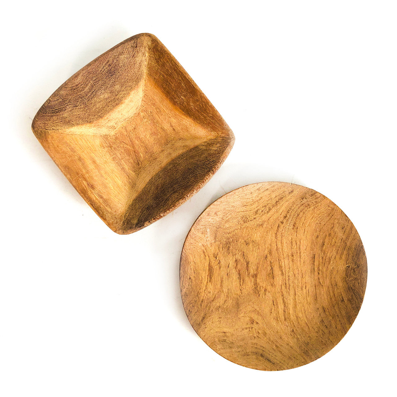 Square teak serving platter with round teak platter