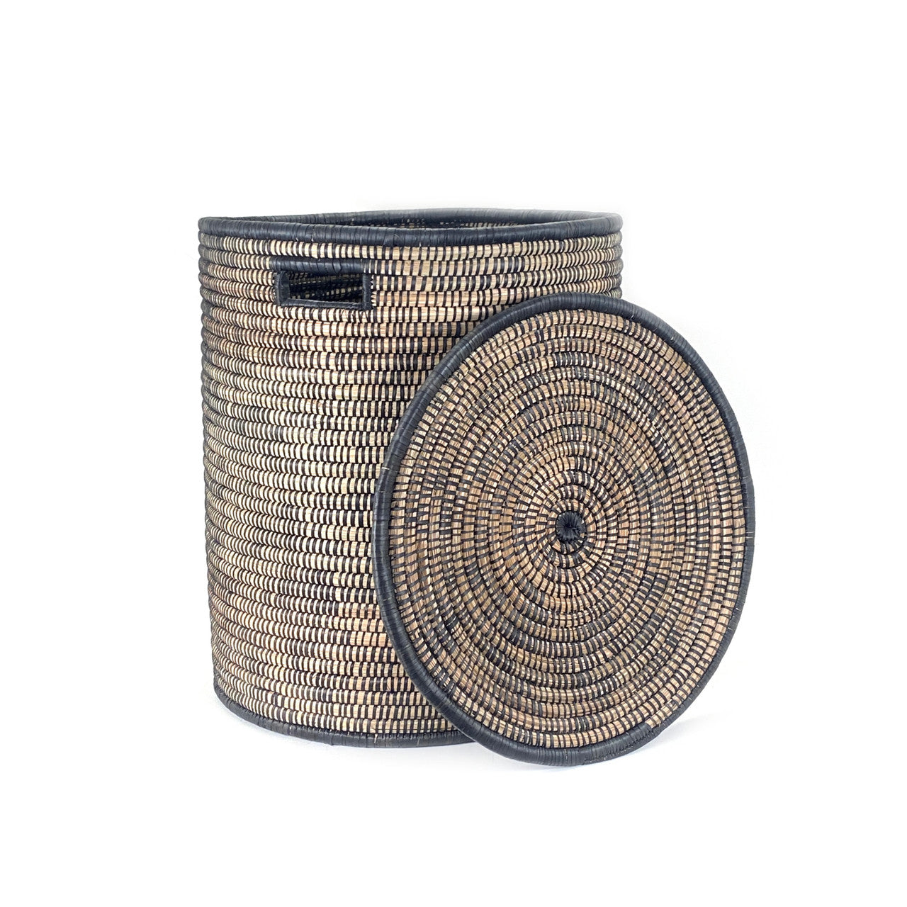 black and natural basket with lid off