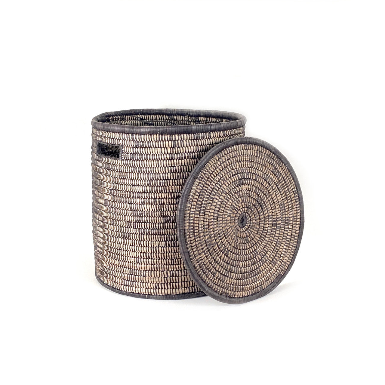 black and natural woven basket with lid off
