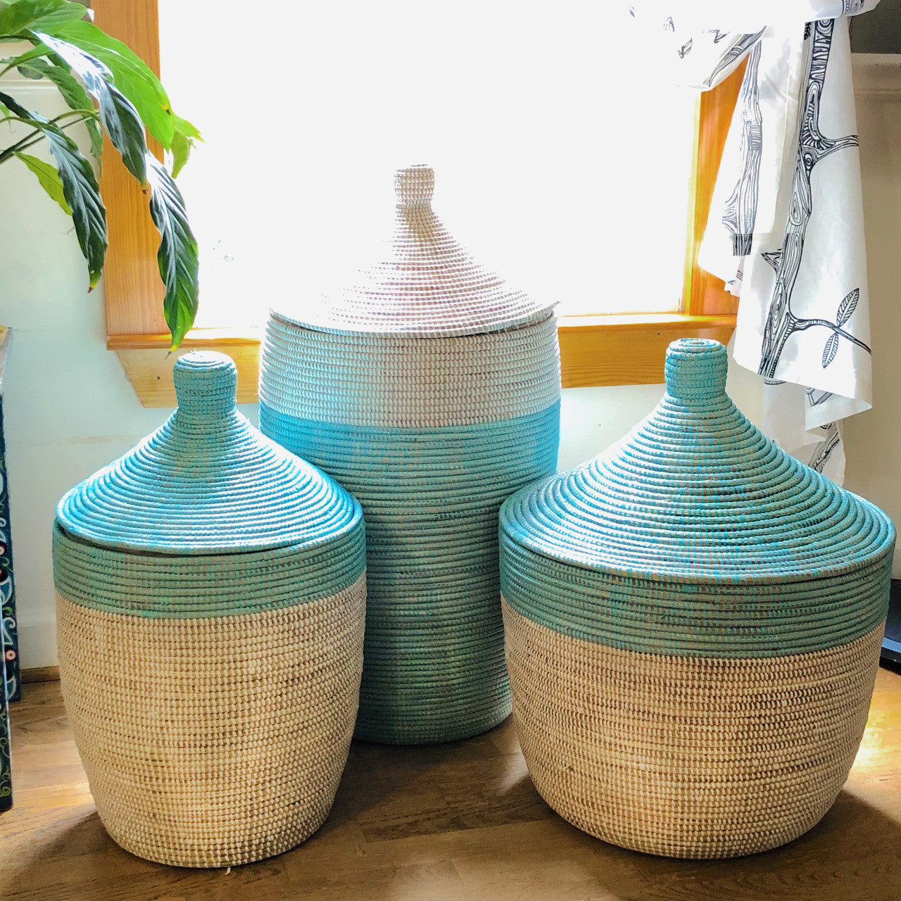 turquoise and white two-tone large basket set