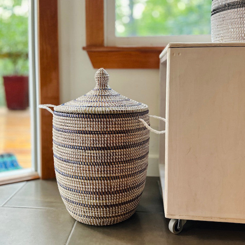 white and navy striped basket for all your family's storage needs