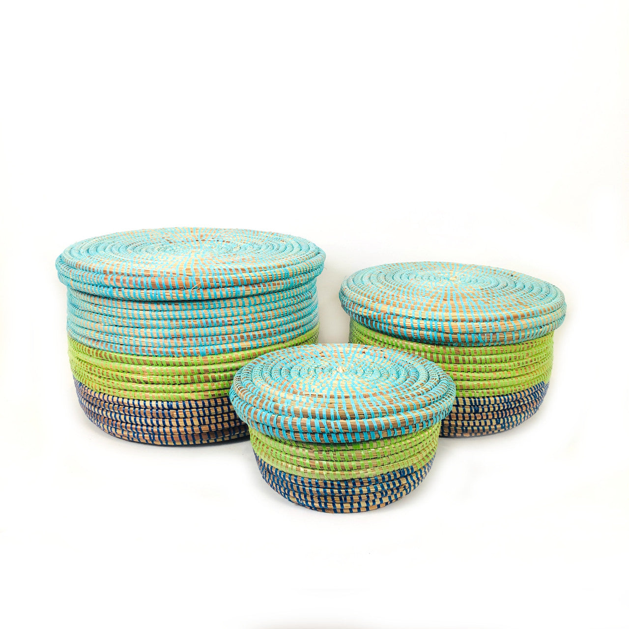 set of three flat lidded baskets in blue color way