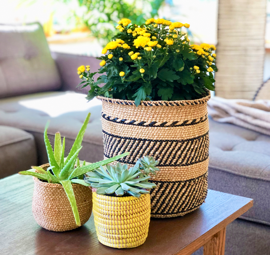 Iringa natural basket with black traditional stripe in large size as a planter