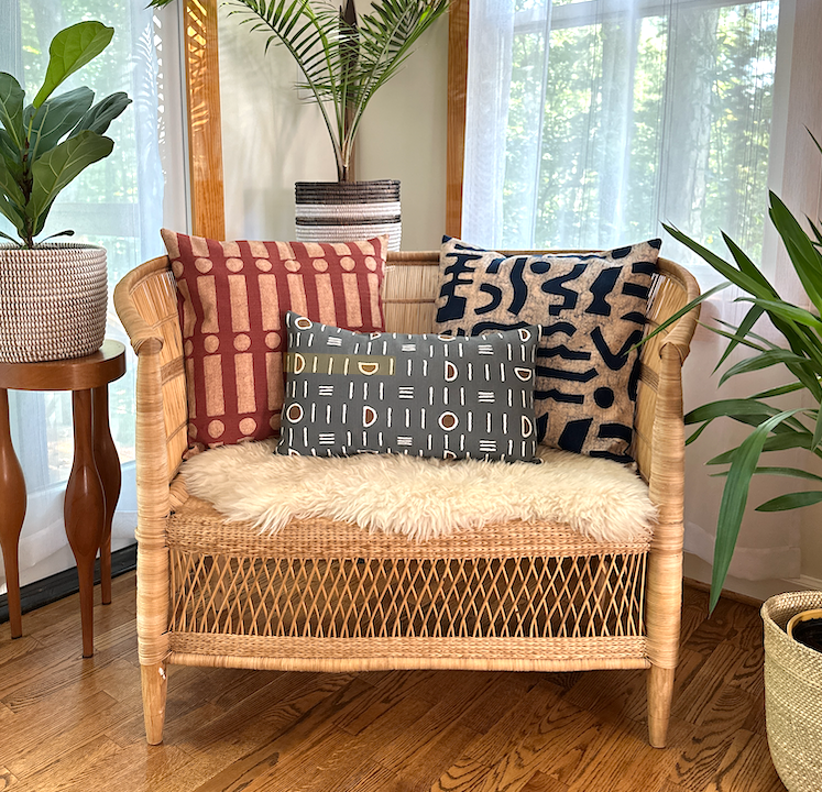 lumbar pillow with our other Sadza pillows on a loveseat