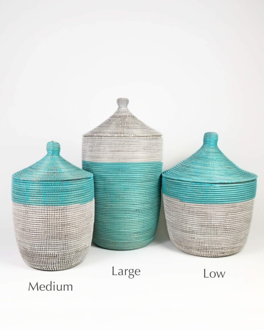Senegalese Two-Tone Floor Baskets - Turquoise | White