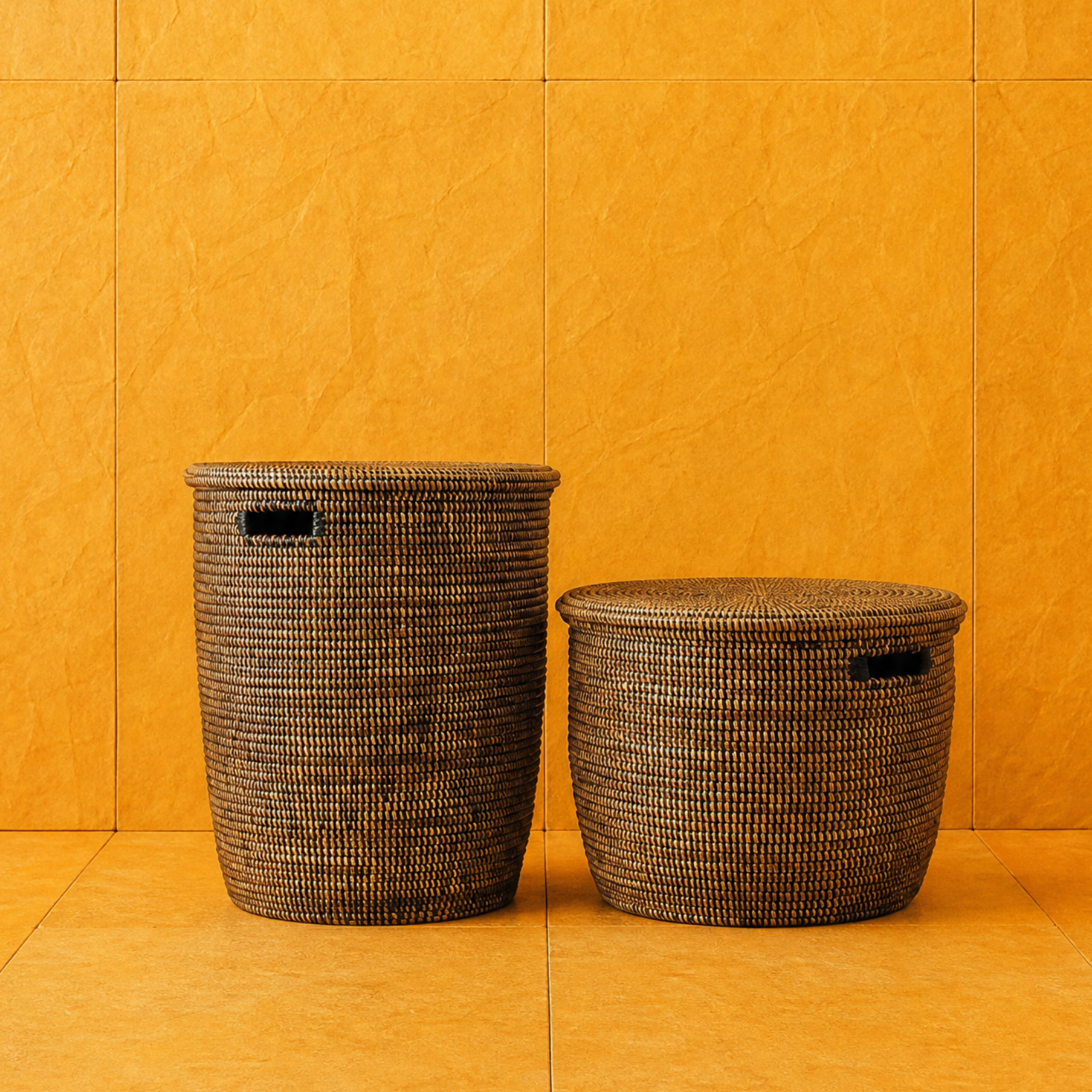 Two woven baskets against a yellow wall