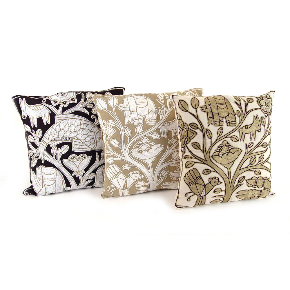 Beige and White Hand Embroidered Pillow - Image 3