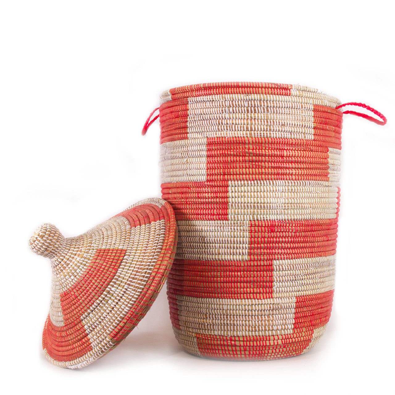red and white large basket hamper with its lid off