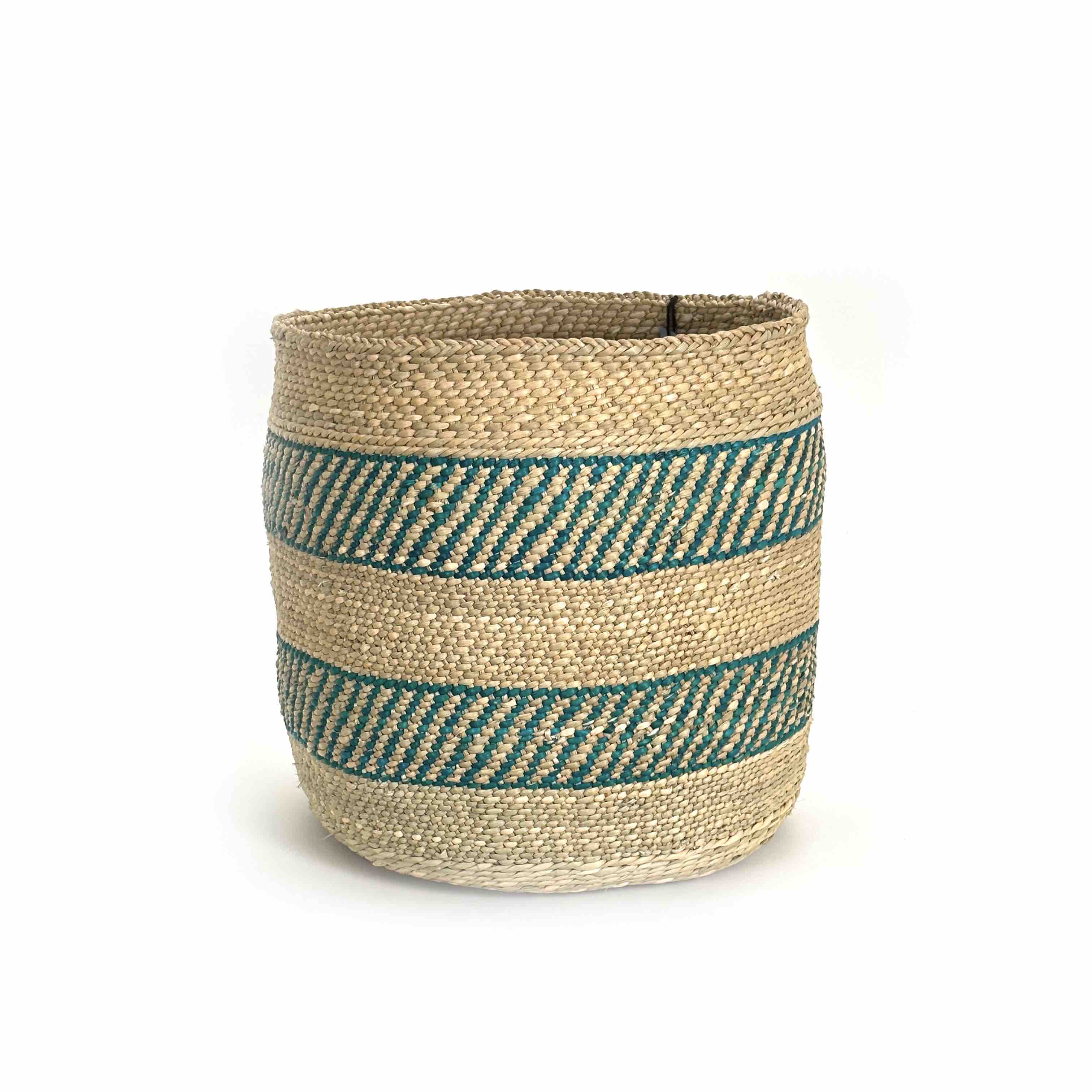 African Iringa woven basket with Turquoise Stripe