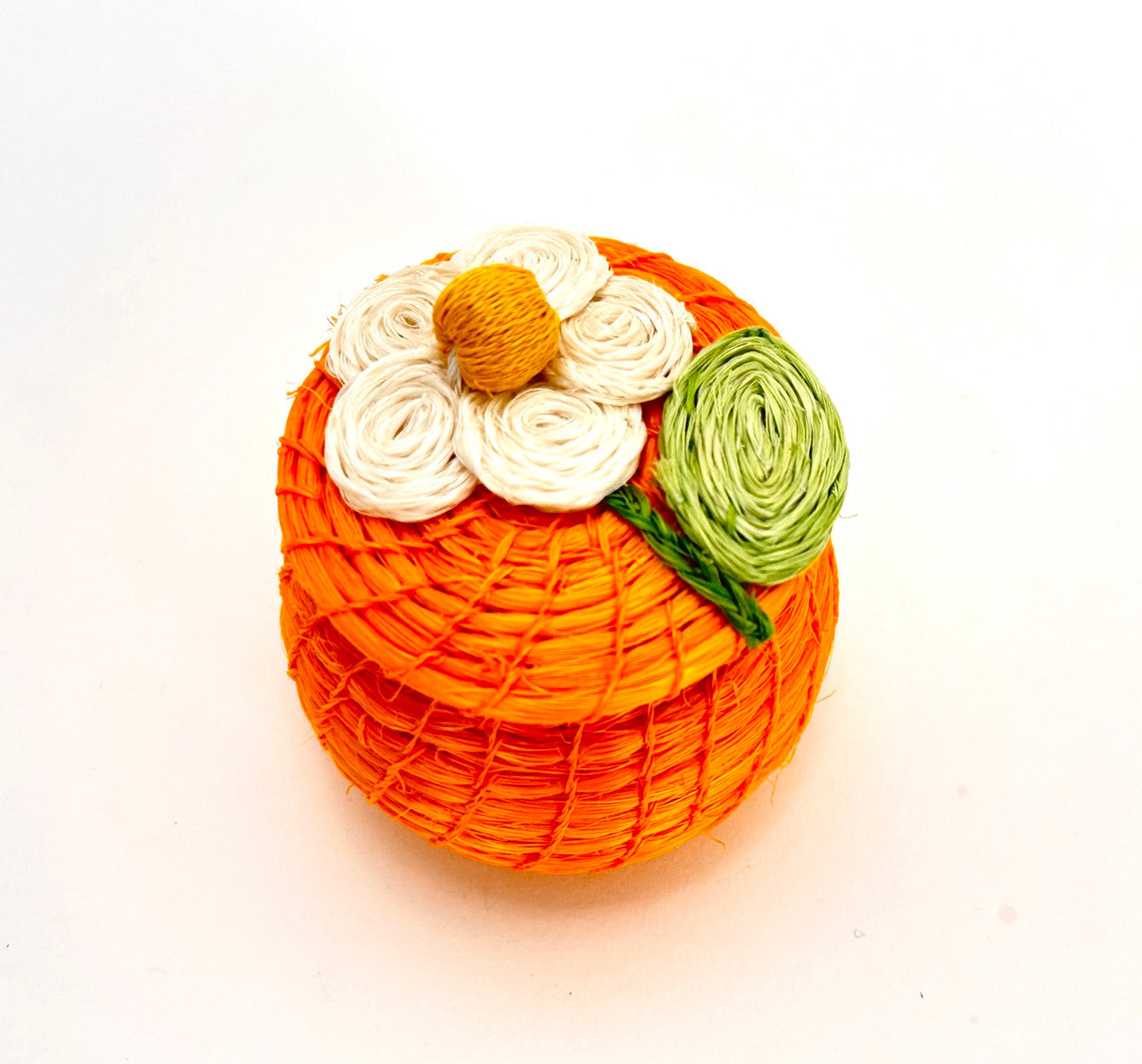 yellow basket with white daisy on top