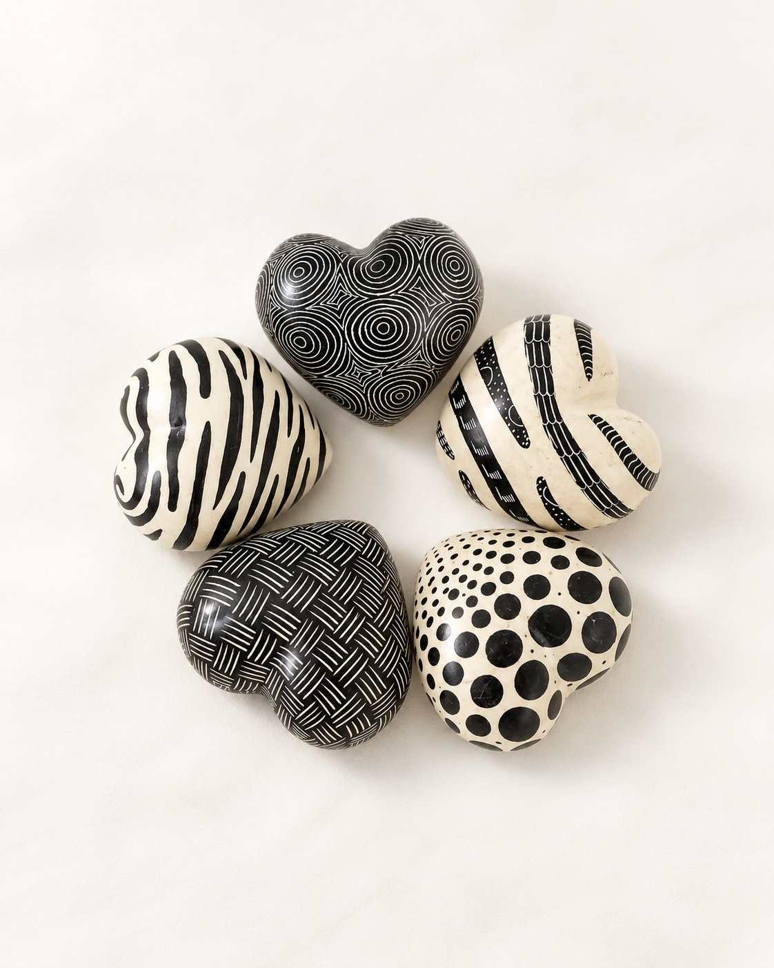 Black + White Graphic Stone Hearts - set of 5