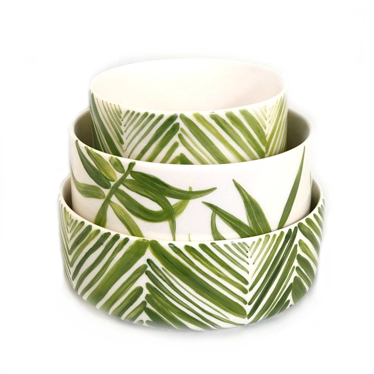 hand painted and molded green leaves bowl collection stacked