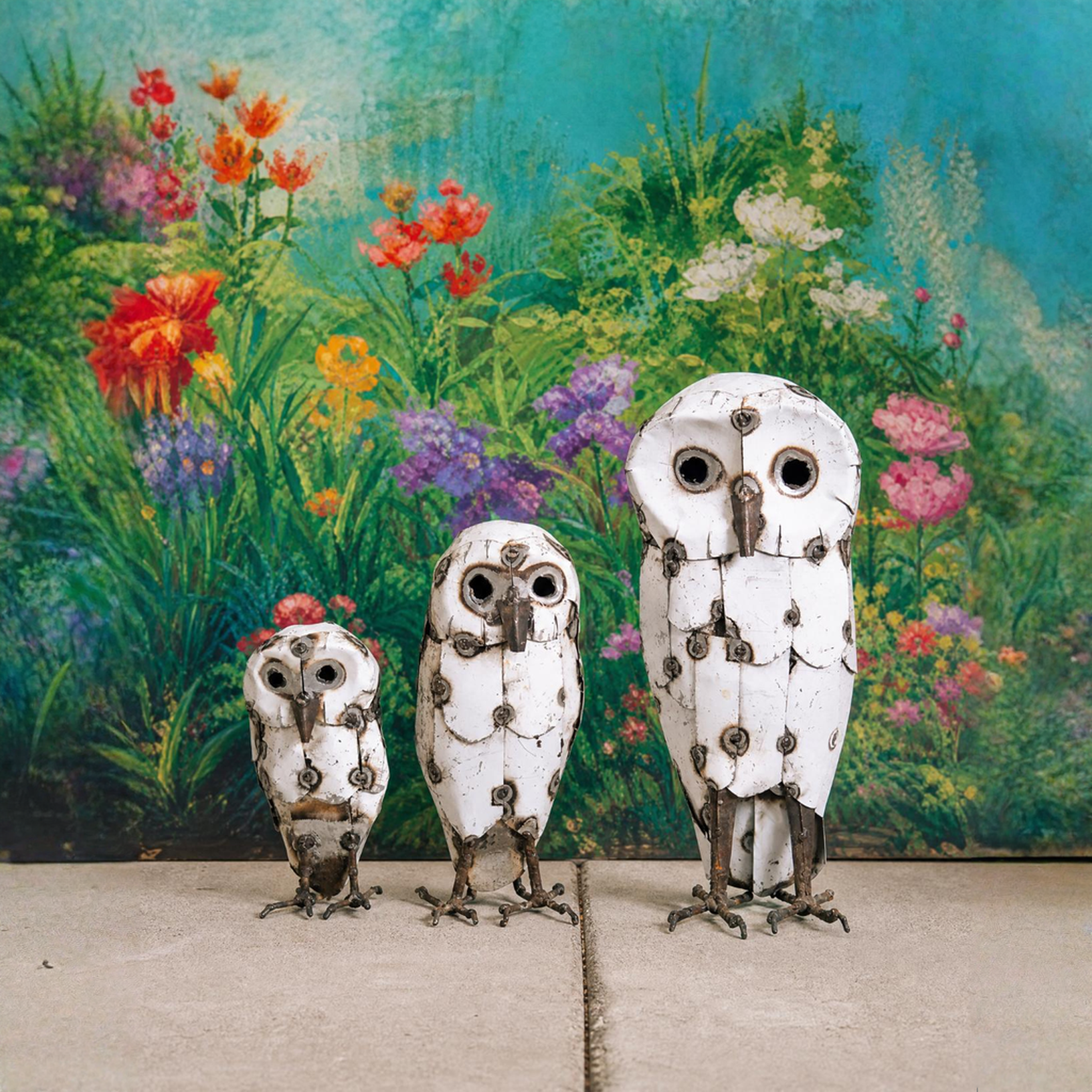 Three metal owl sculptures in front of a colorful floral background