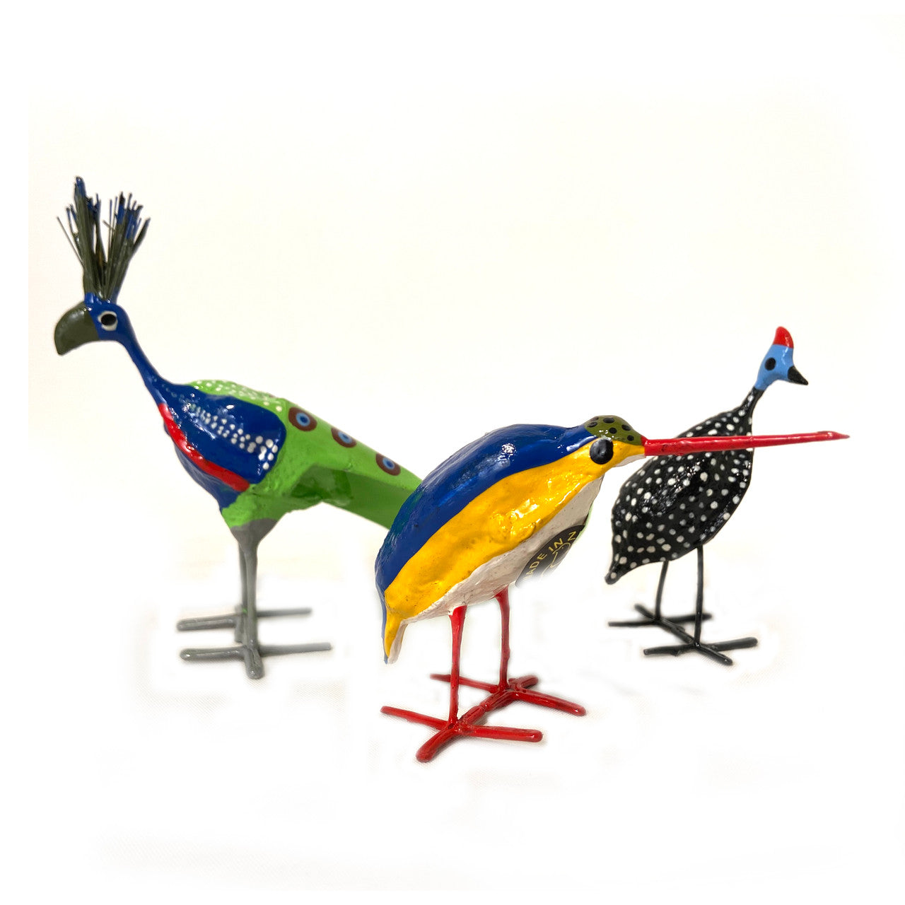 peacock, kingfisher and guinea hen birds made out of seedpods