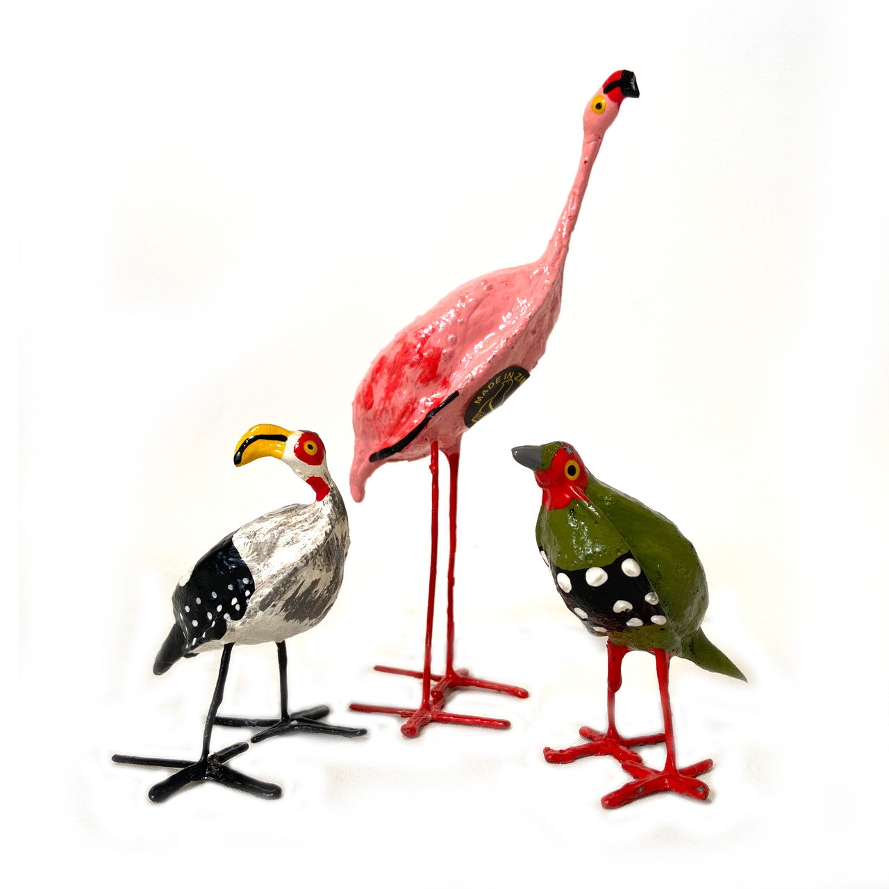 hornbill, flamingo and green backed twinspot finch