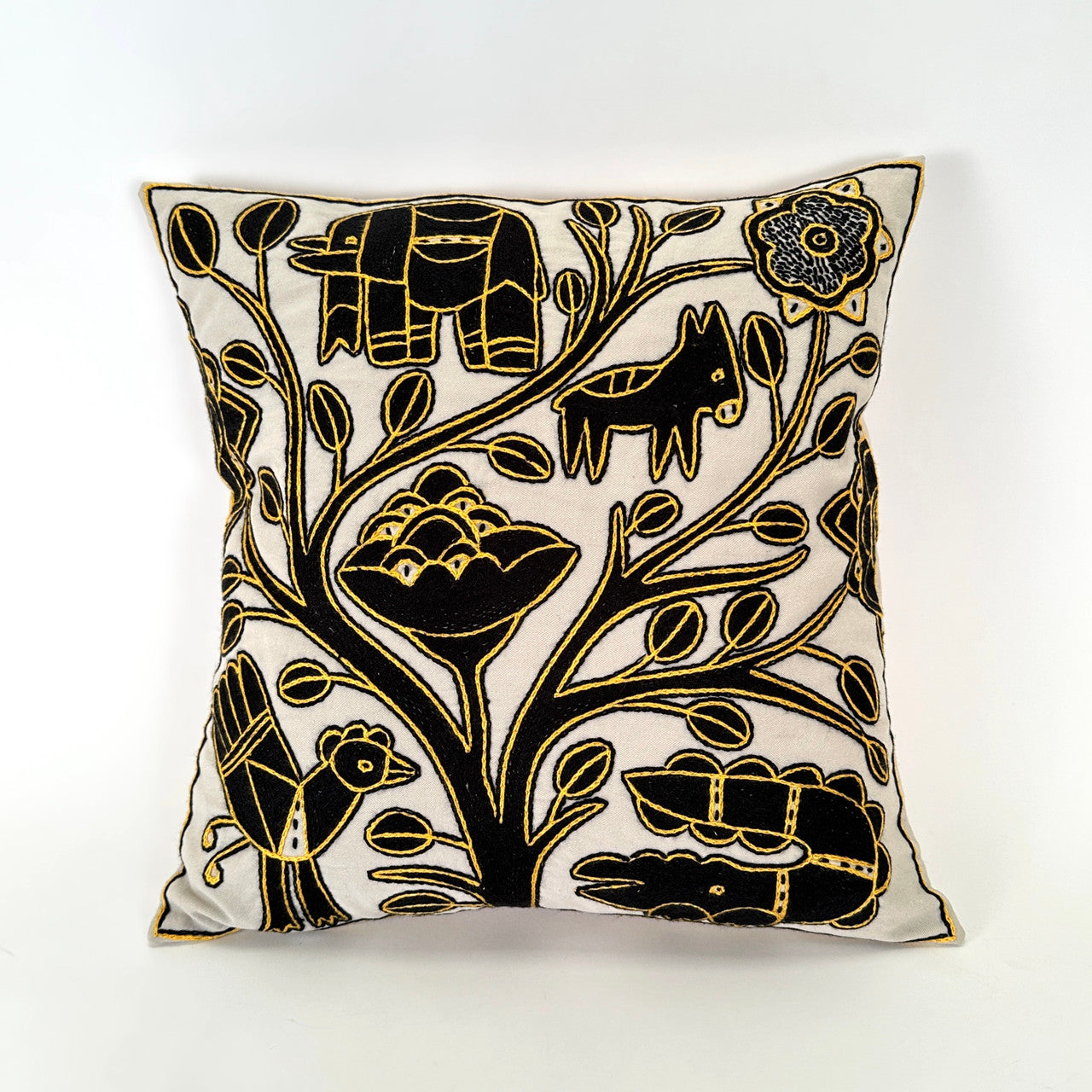 Ivory background with black animals and gold details.