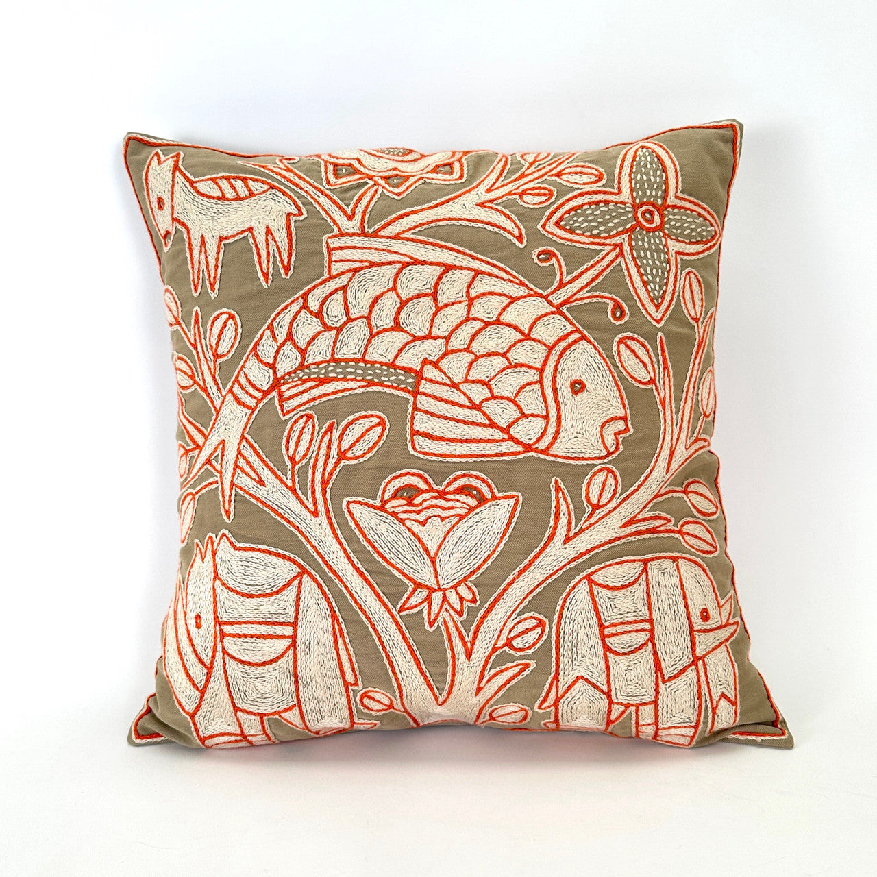Fish embroidered pillow with elephants
