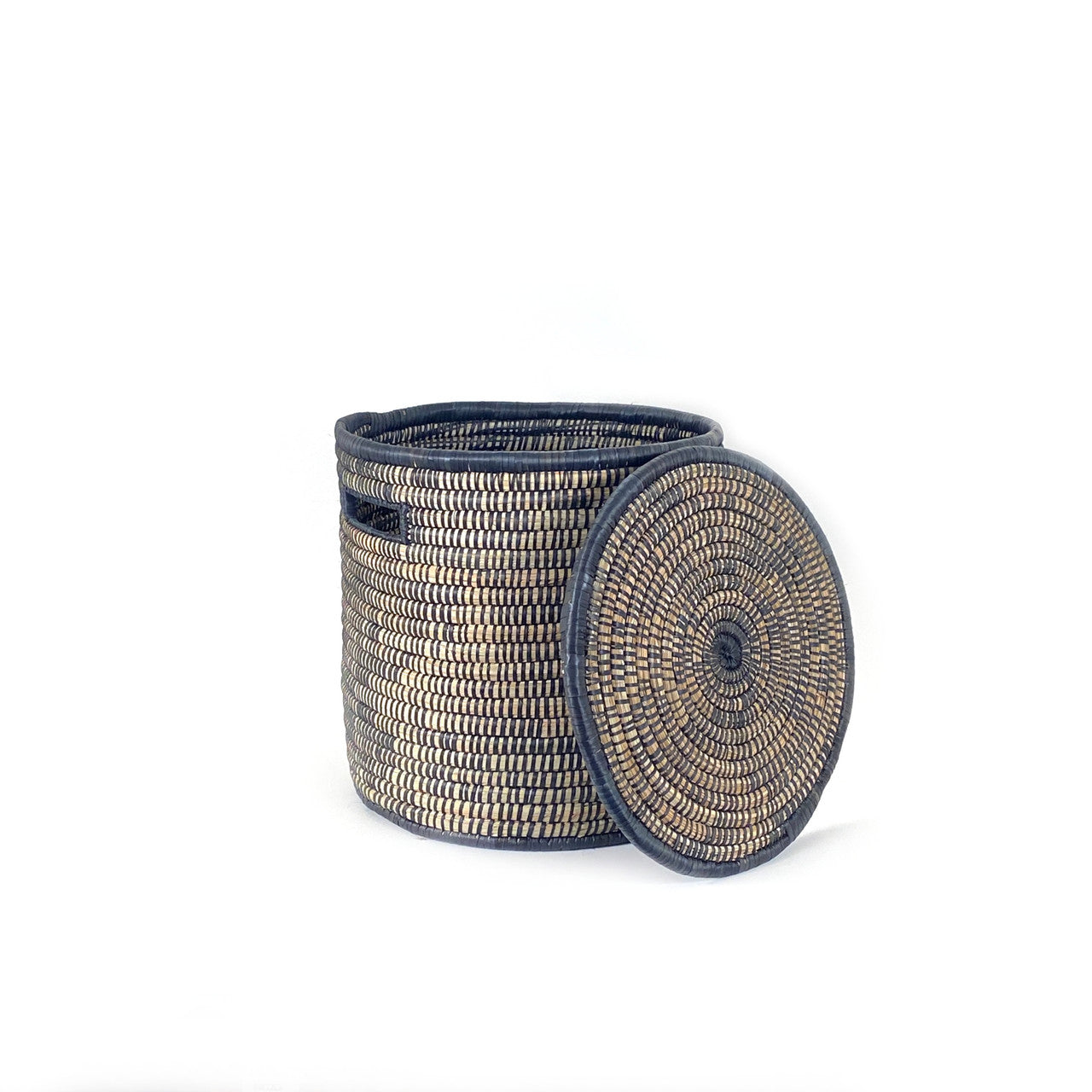 black and natural woven basket with lid off