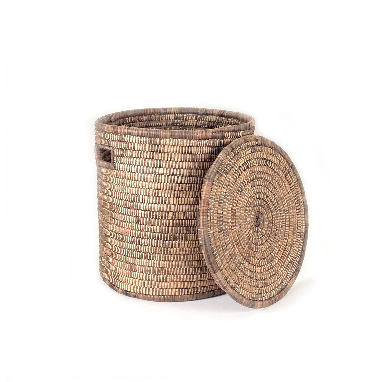 Brown and natural minimalist basket with its lid off