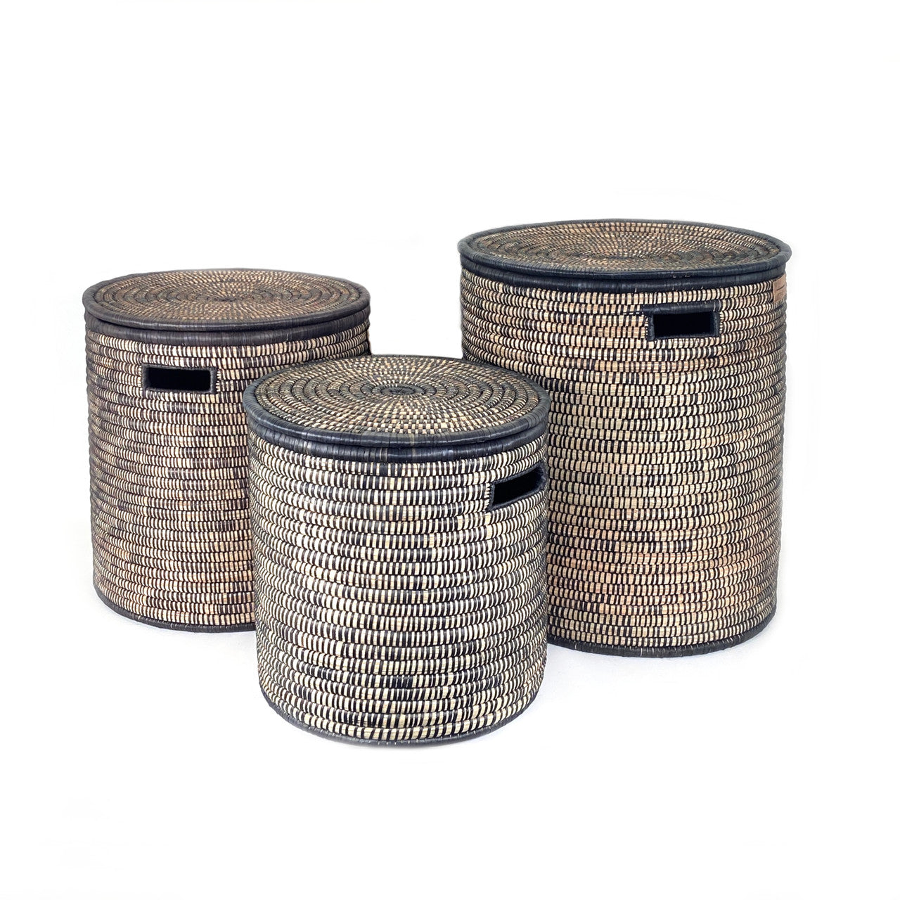 set of 3 black and natural baskets