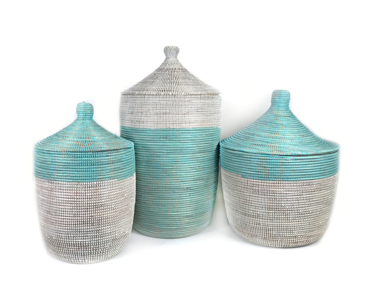 Turquoise and white low storage two tone basket on white background