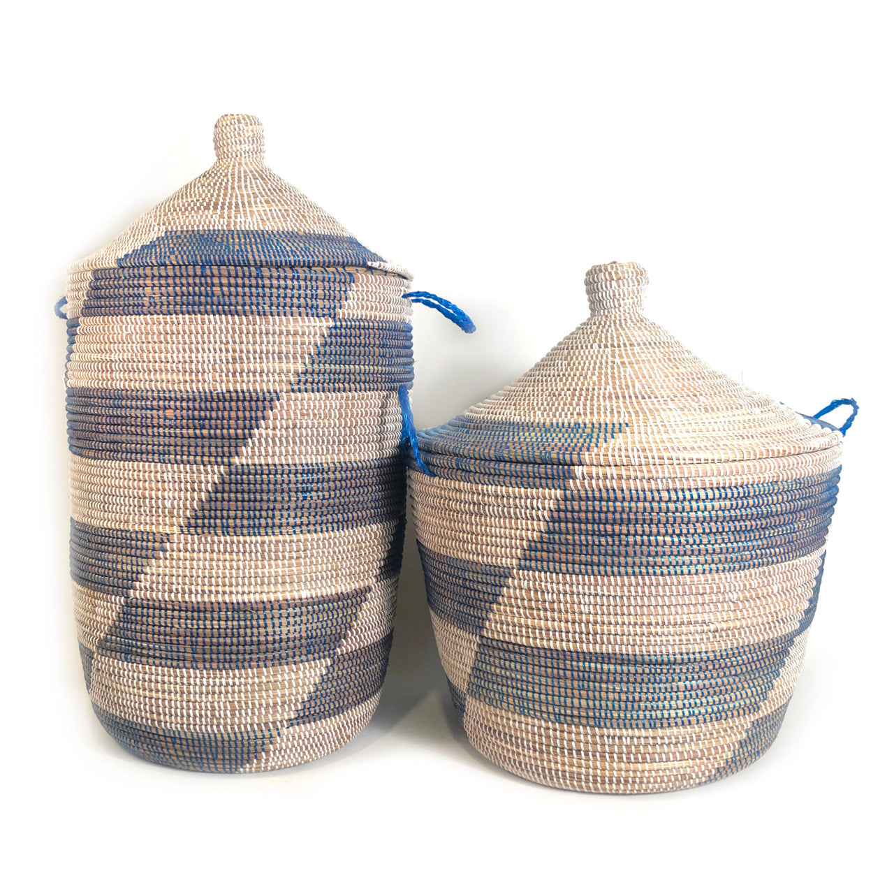 large blue hamper striped alongside the low storage hamper