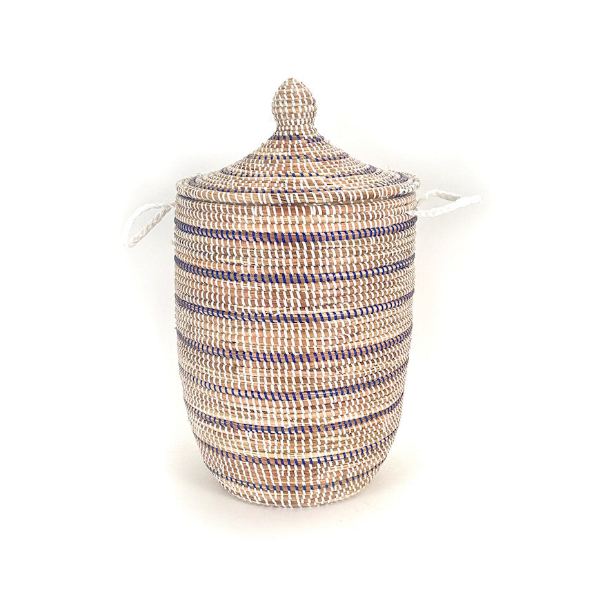 navy and white medium basket handwoven in Senegal by women artisans