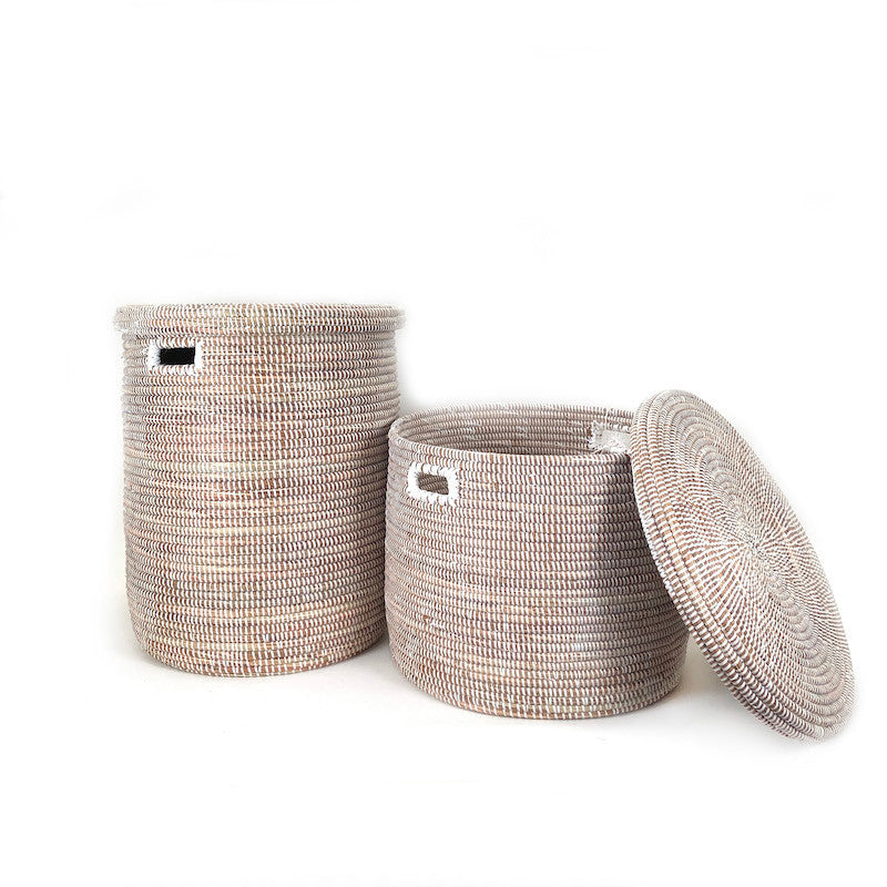 white flat lid basket set made in Senegal