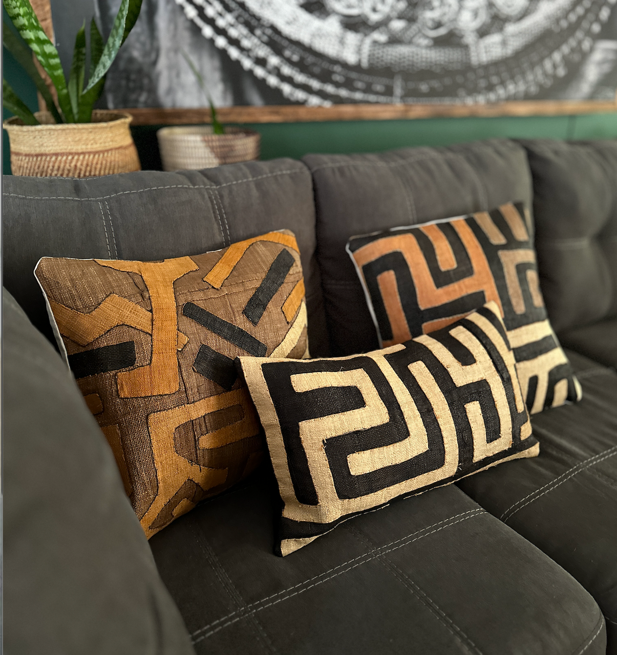 kuba cloth pillows in living room sofa
