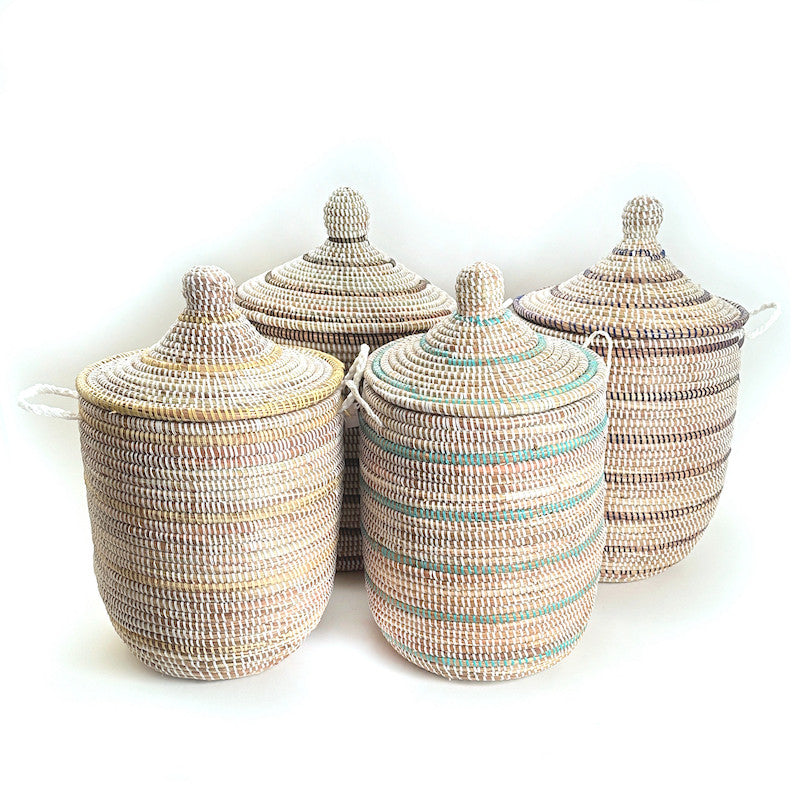 Group of striped baskets together hand made in Senegal