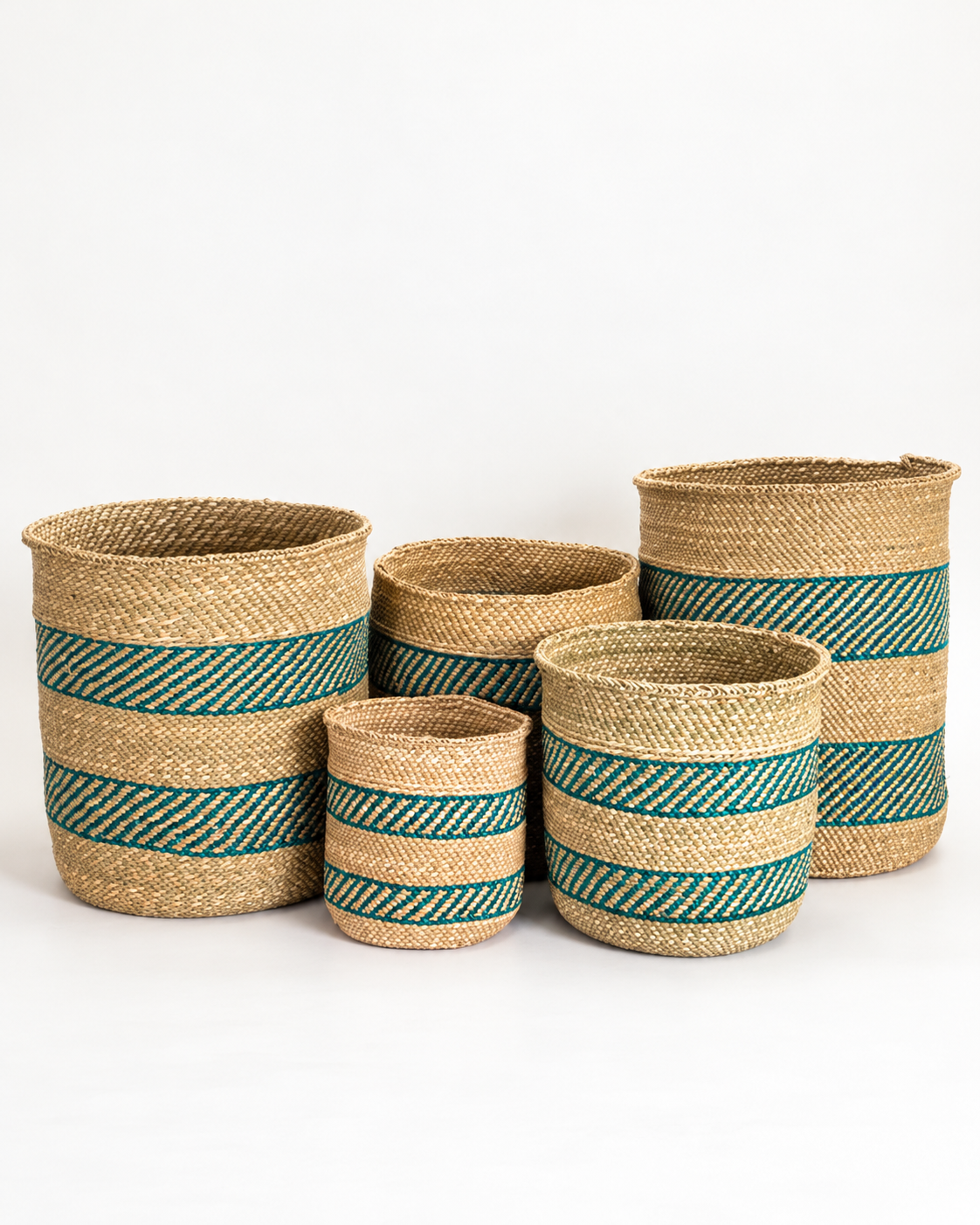 African Iringa woven basket with Turquoise Stripe
