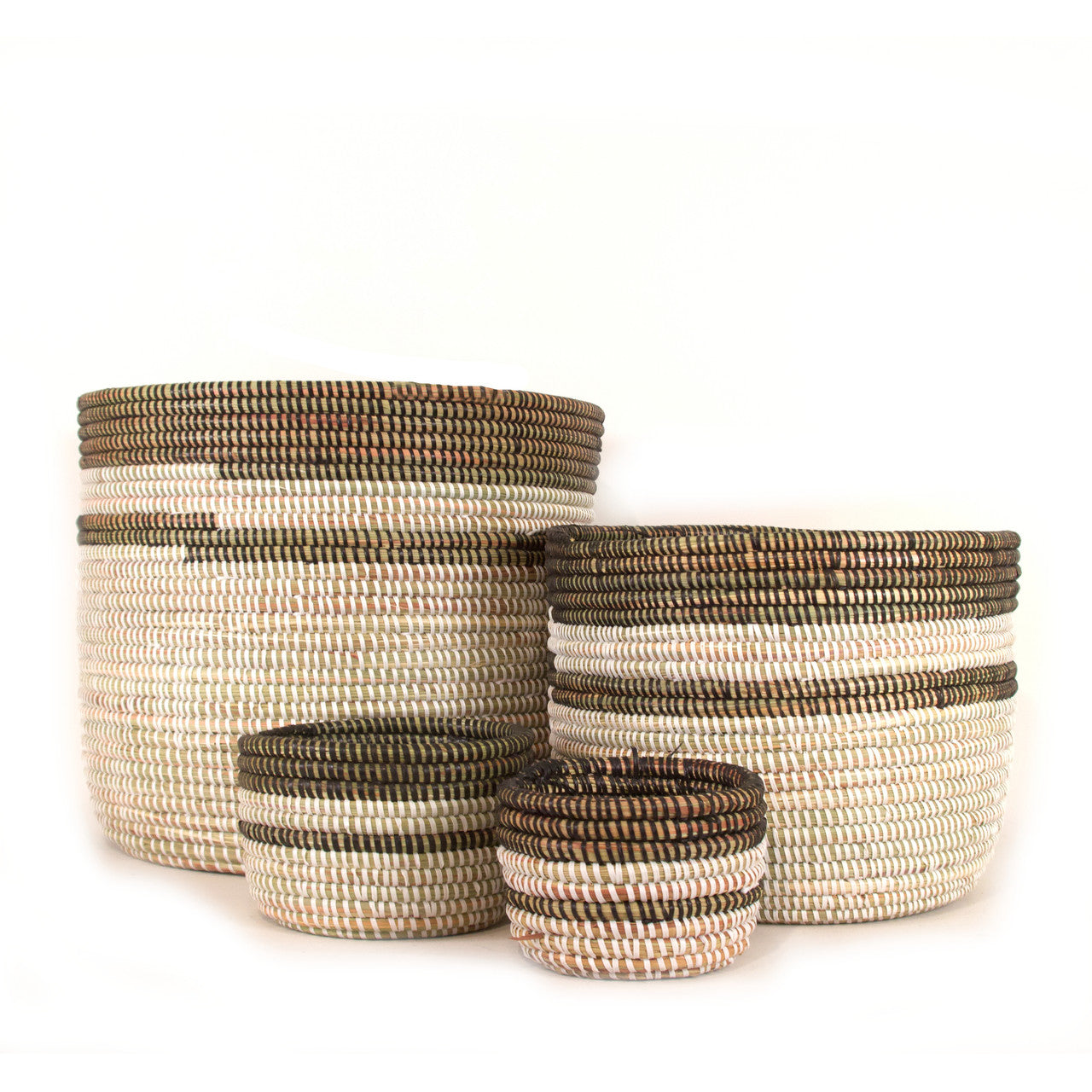 all sizes of striped baskets together