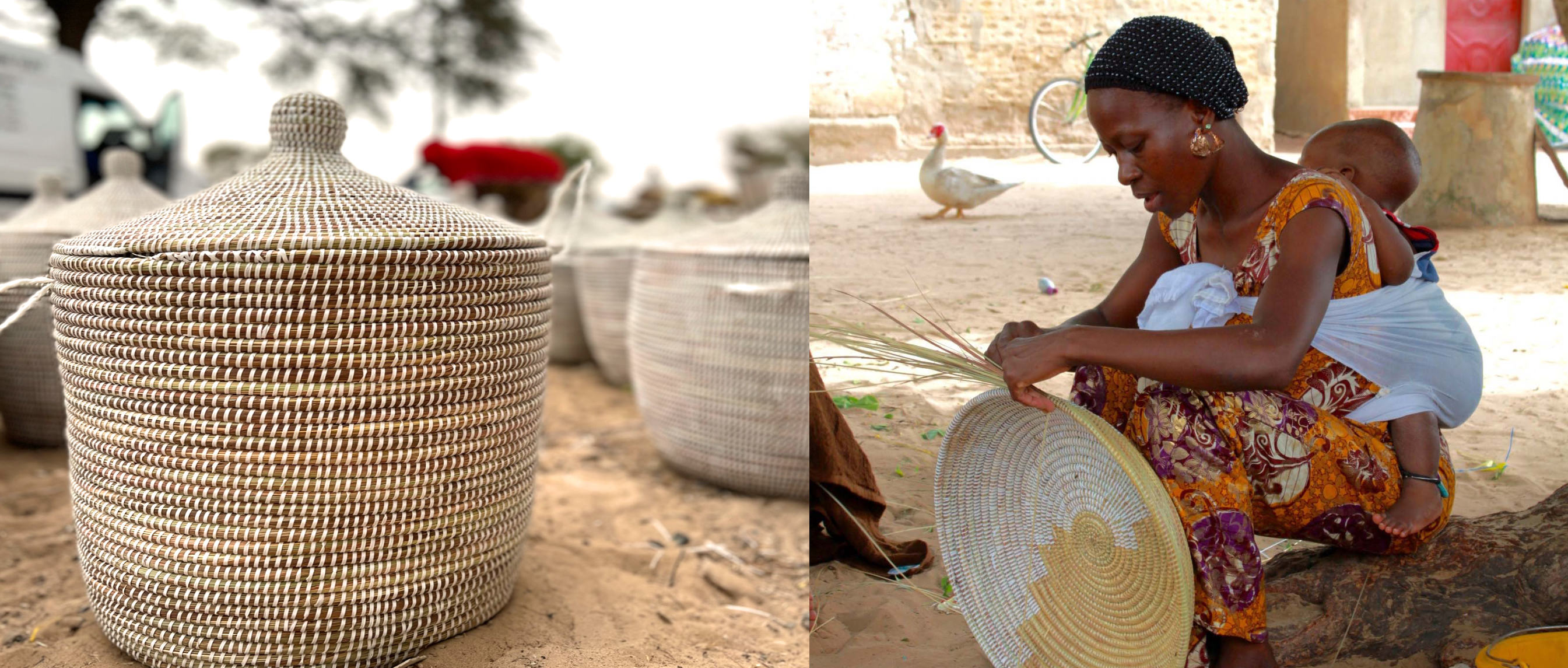 basket on the sand, mama weaving with baby on her back